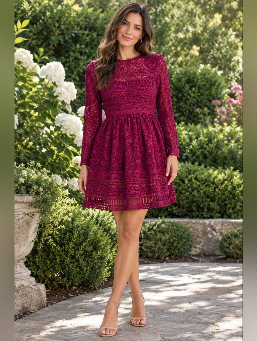 ASOS Burgundy Lace Long Sleeve Mini Dress